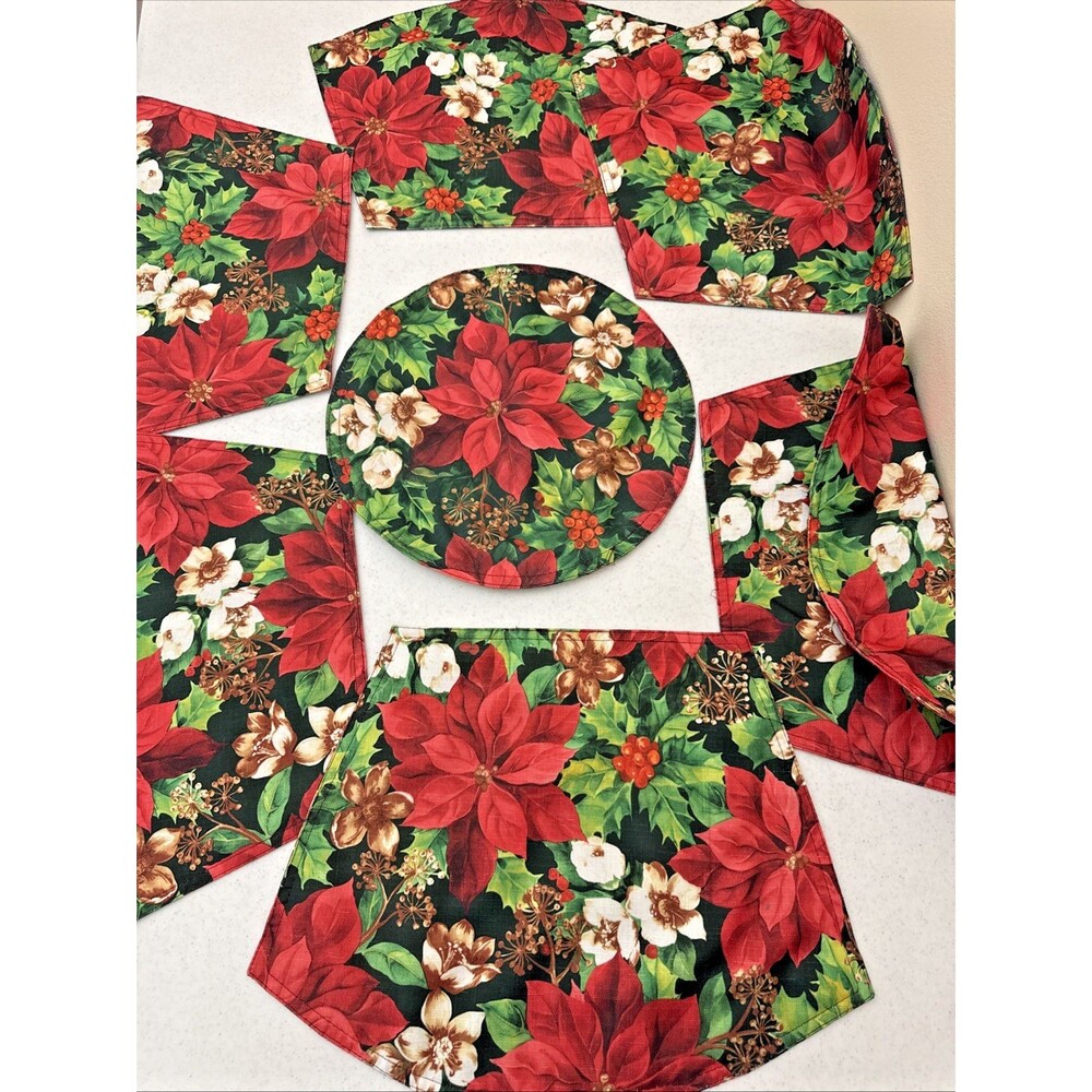 Vintage 6 Piece Handmade Cloth Christmas Poinsettia Print Placemat Set & Center